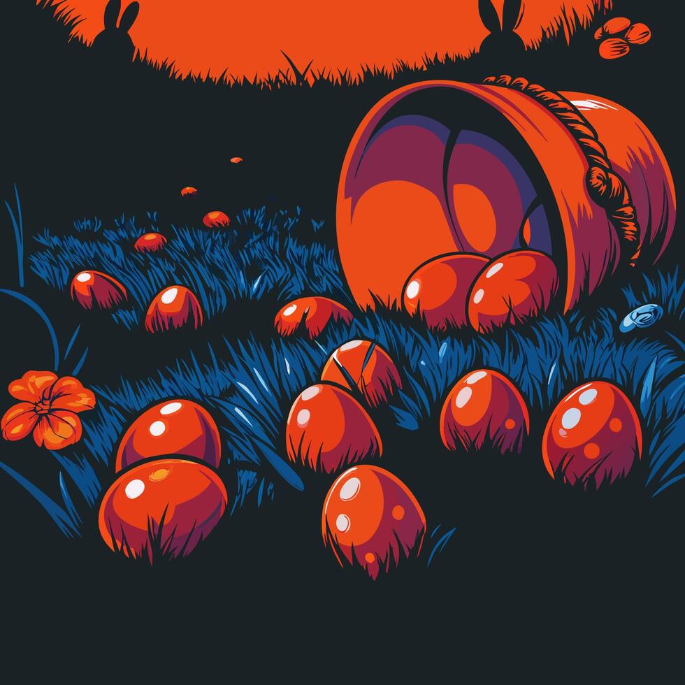 Easter Eggs in Grass near Tipped Over Basket vector