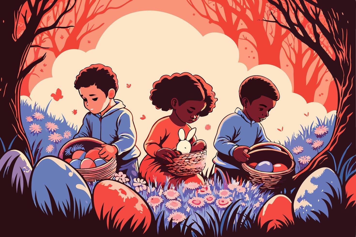 Kids Easter Egg Hunt in Woods vector