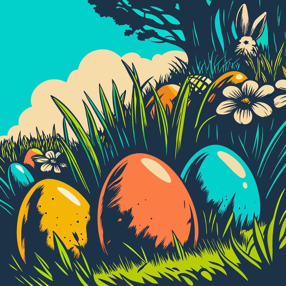 Easter Eggs Hidden in Grass vector