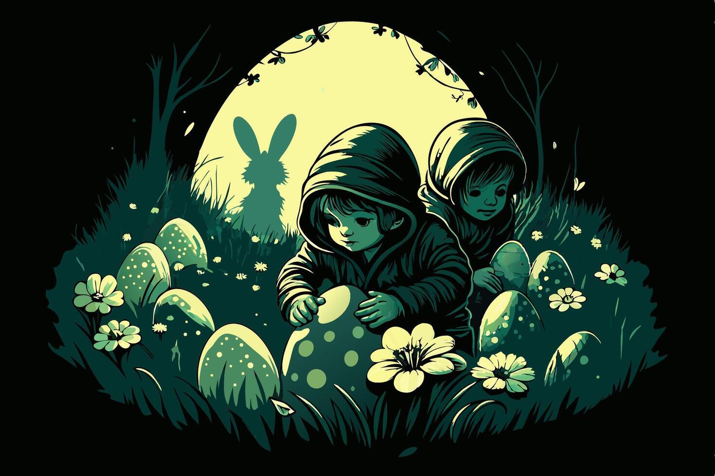 Kids Hunting Easter Eggs at Night vector