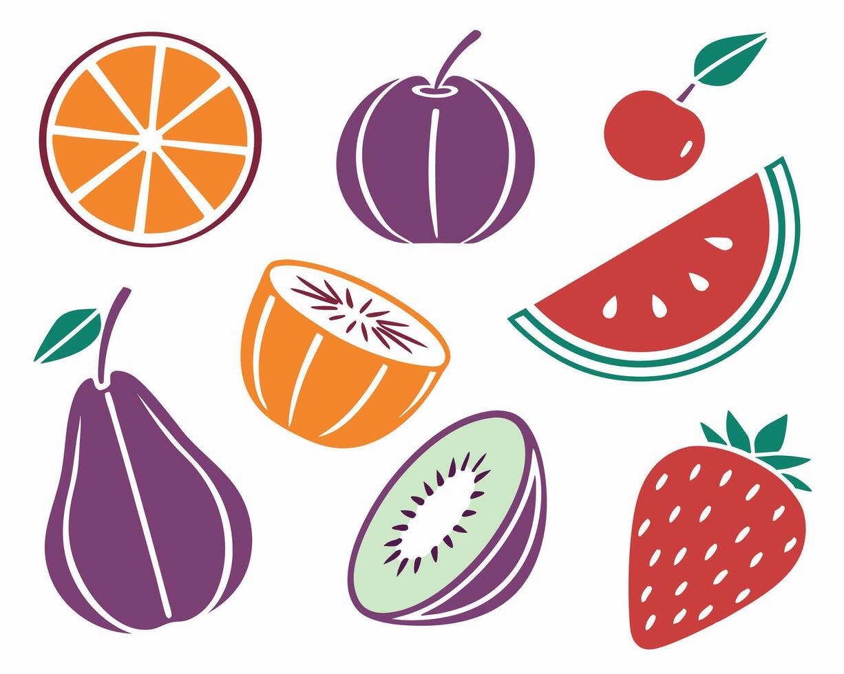 Assorted Fruit Icons Orange, Plum, Kiwi vector