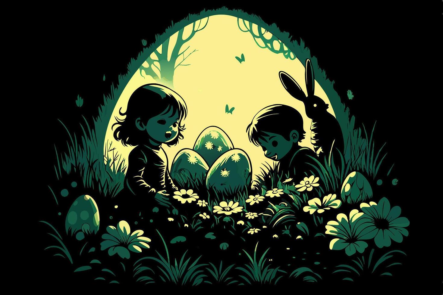 Kids Finding Easter Eggs with Bunny vector