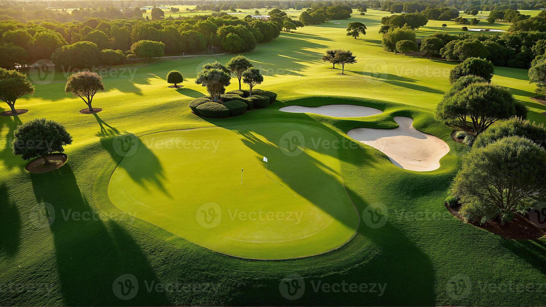 Aerial view of green grass and trees on a golf fields. green golf course in summer. Top view. photo