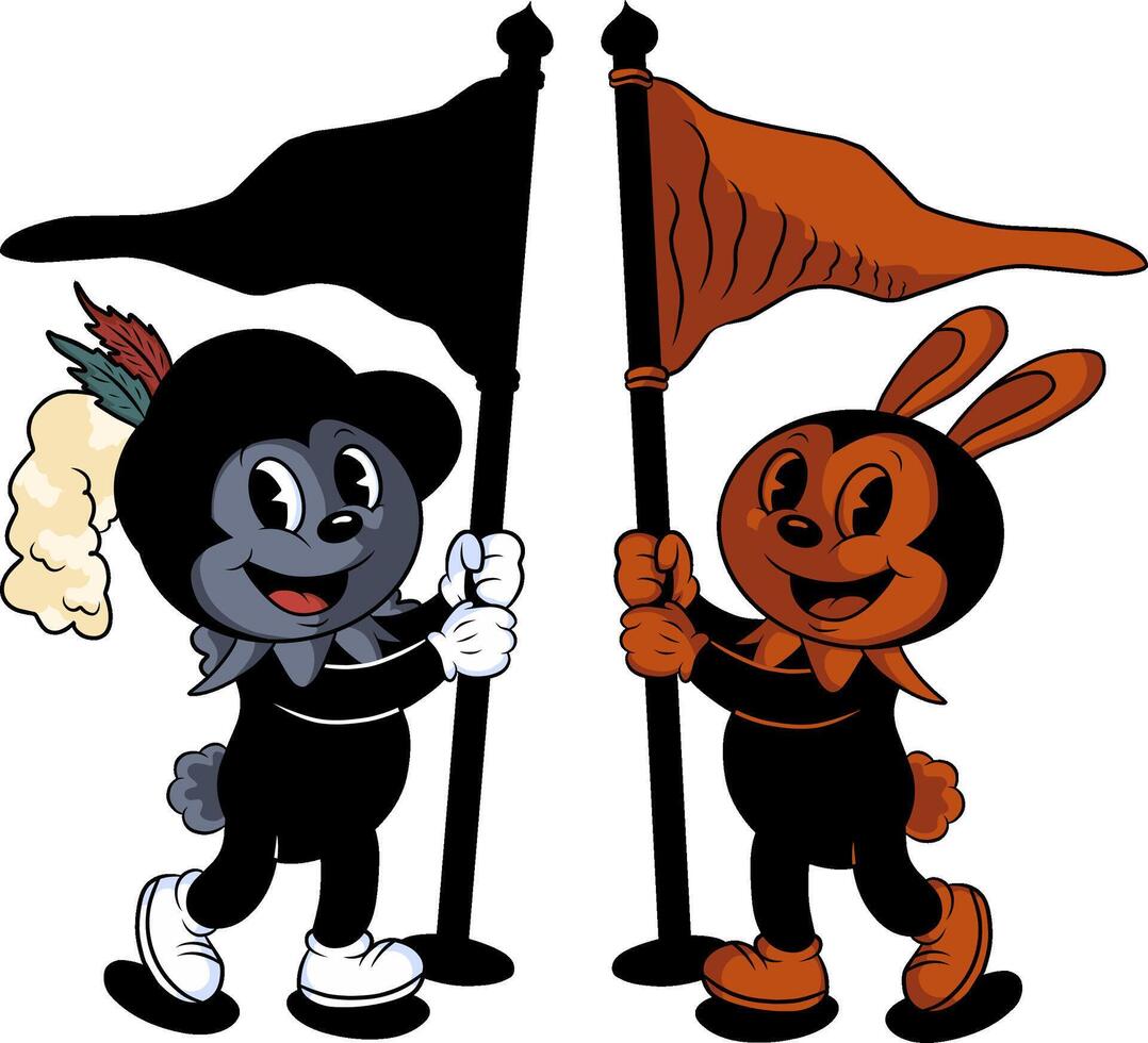 Two groovy cartoon rabbits stand side-by-side, each holding a flag of labor resistance.symbolizes the unified yet non-violent struggle of workers advocating for their rights and well-being on May Day. vector