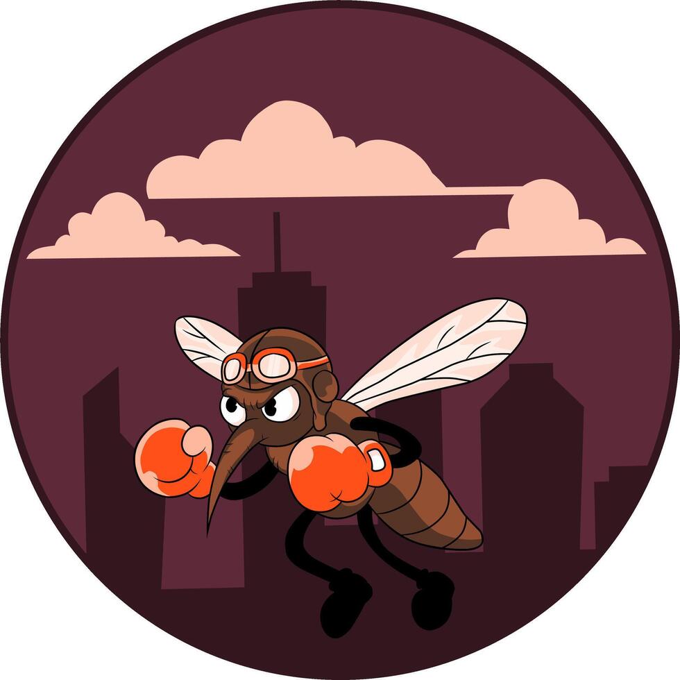 Cartoon mosquito fighter in a neglected city symbolizes the threat of Dengue Fever, emphasizing the need for environmental awareness and disease prevention. vector