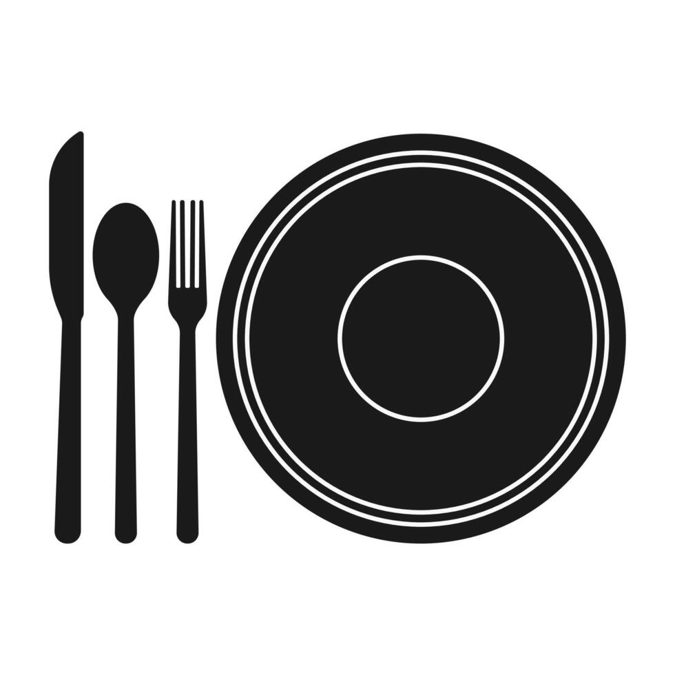 Silhouette of Plate, Spoon, Fork and Knife. Black Cutlery Icon. Simple Tableware Elements. vector