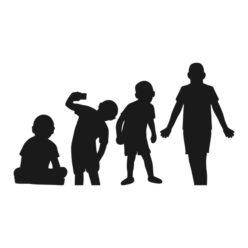 Silhouette of Children Doing Activities. Black Silhouette of a Child Sitting, Taking a Selfie. Children Happy. vector