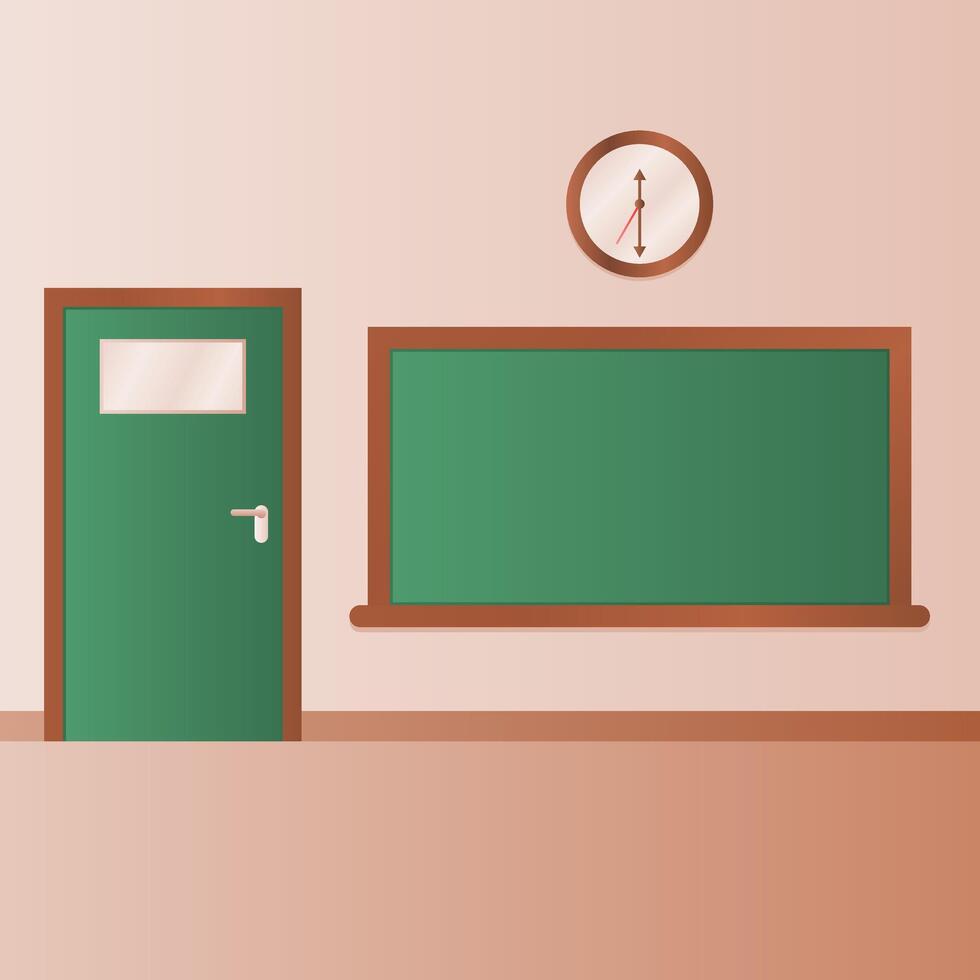 Empty Room Interior with Chalkboard, Door and Wall Clock. Back to School. Study Room. vector