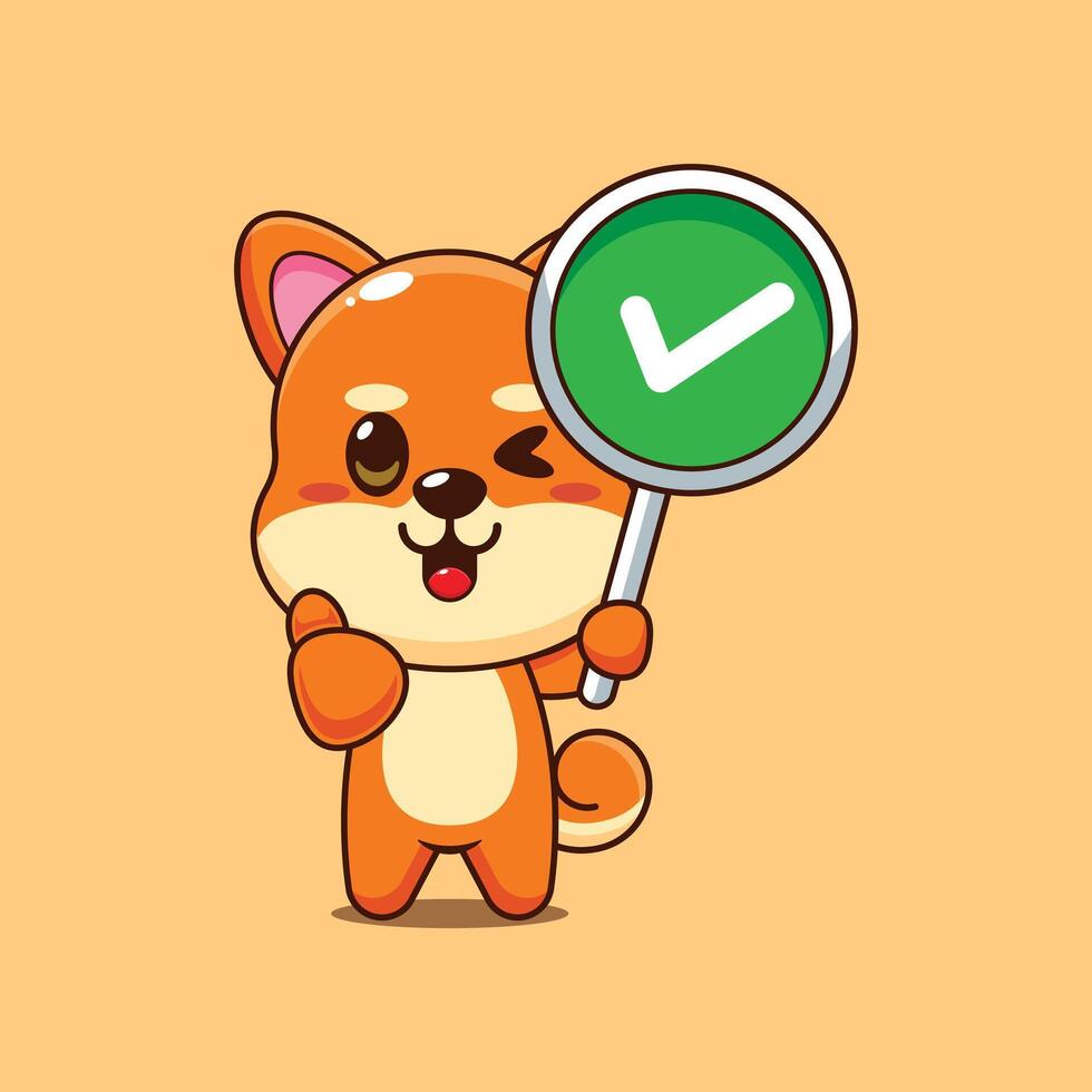 Cute shiba inu cartoon illustration with correct sign vector