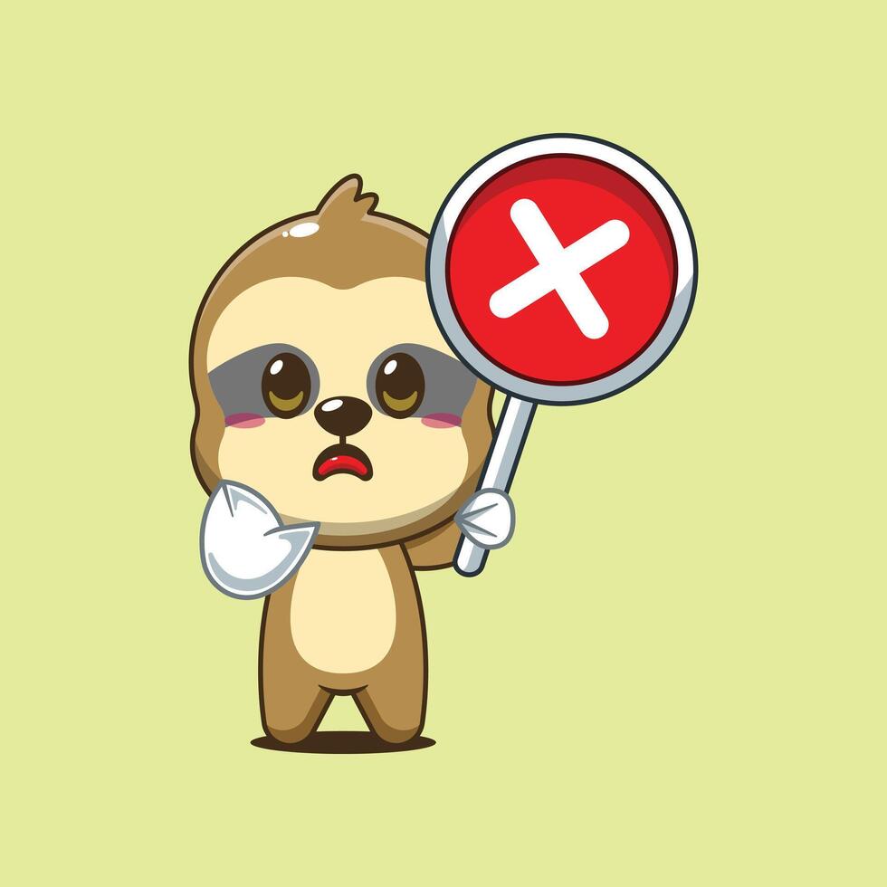 Cute sloth cartoon illustration with wrong sign vector