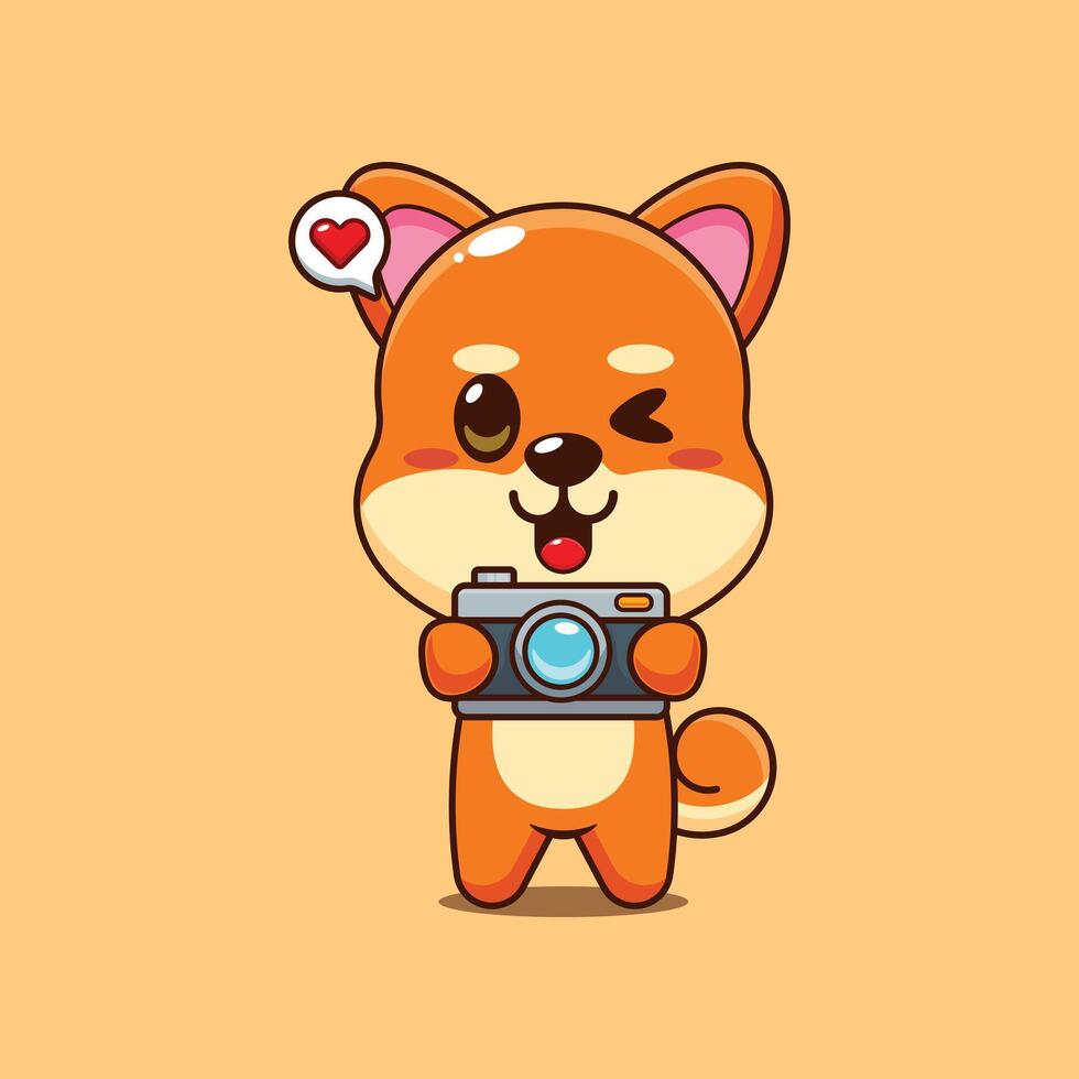 Cute shiba inu cartoon illustration with camera vector