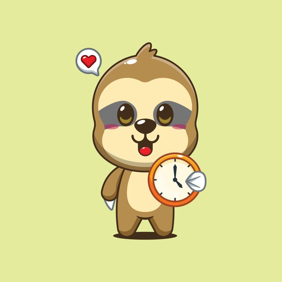 Cute sloth cartoon illustration with clock vector