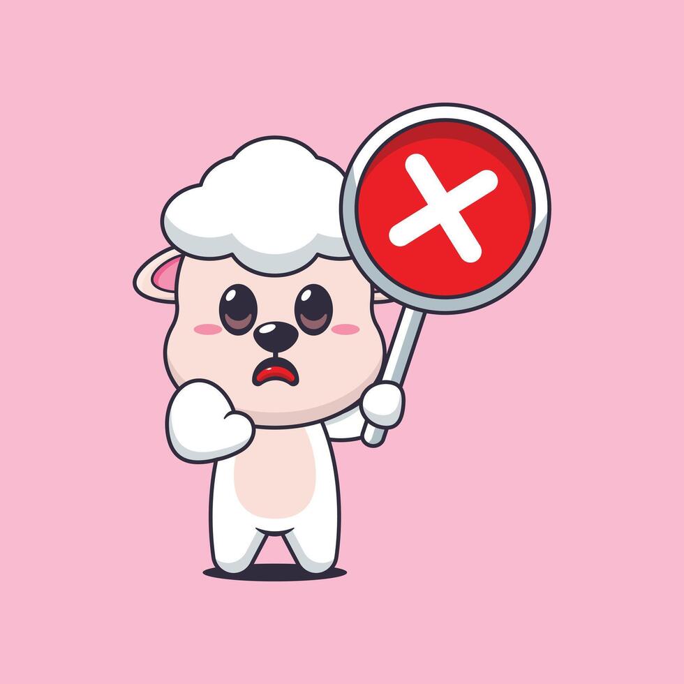 Cute sheep cartoon illustration with wrong sign vector