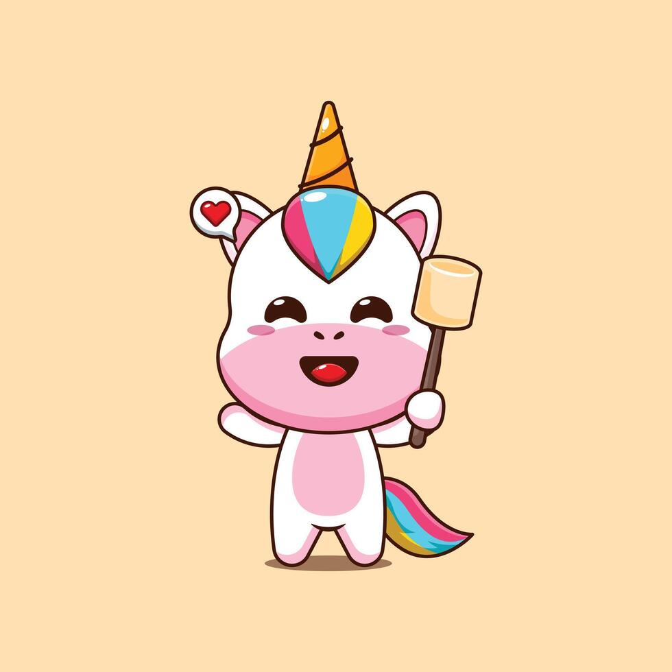 Cute unicorn cartoon illustration eating marshmallow vector