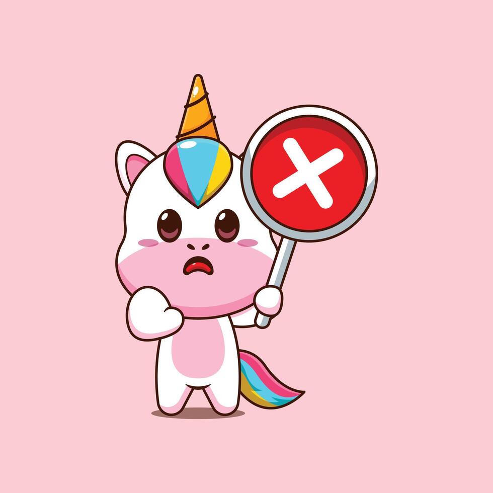 Cute unicorn cartoon illustration with wrong sign vector