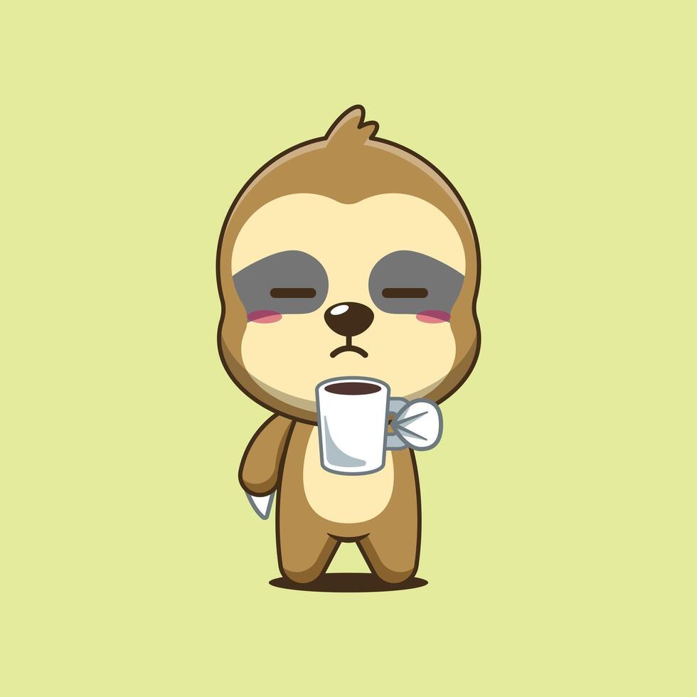 Cute sloth cartoon illustration is tired and sleepy holding coffee vector