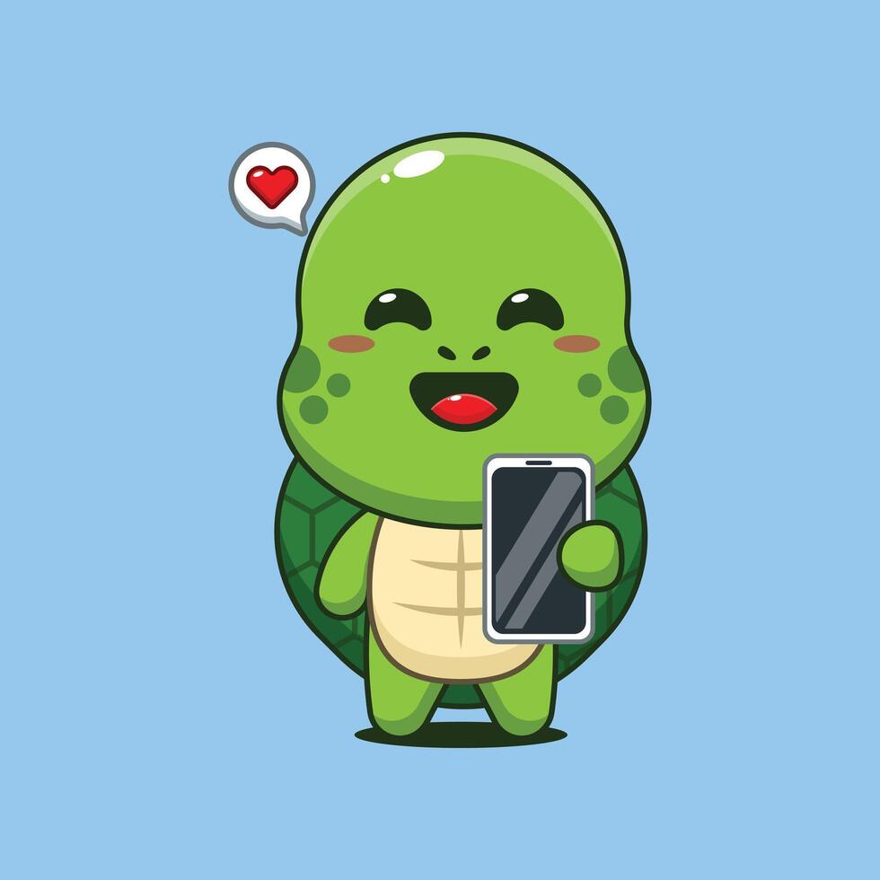 Cute turtle cartoon illustration with mobile phone vector