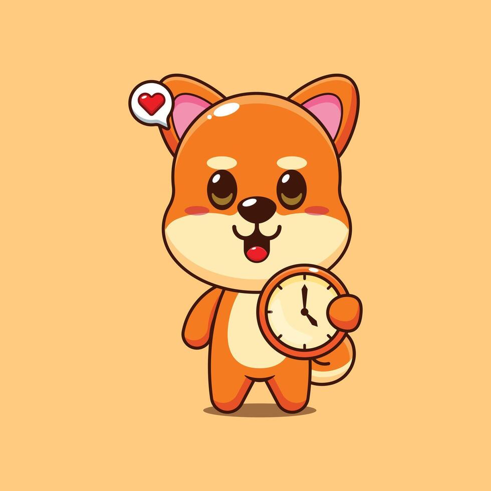 Cute shiba inu cartoon illustration with clock vector