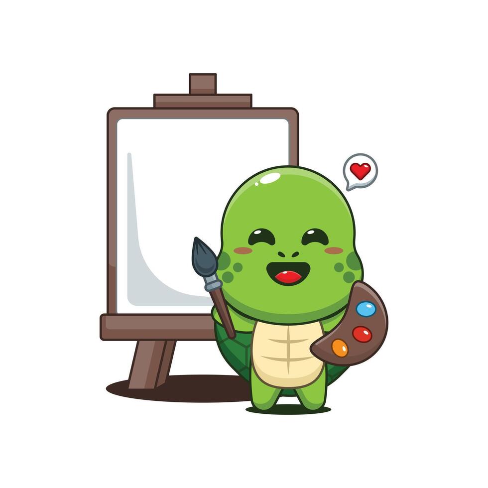 Cute turtle cartoon illustration wants to paint on canvas vector