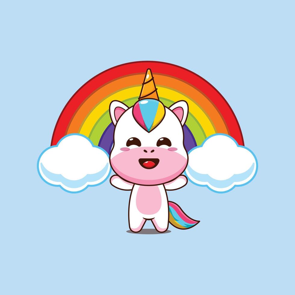 Cute unicorn cartoon illustration with rainbow vector