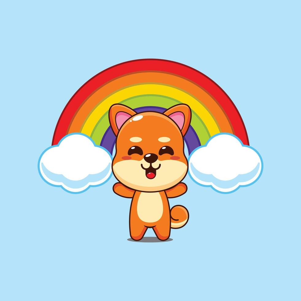 Cute shiba inu cartoon illustration with rainbow vector