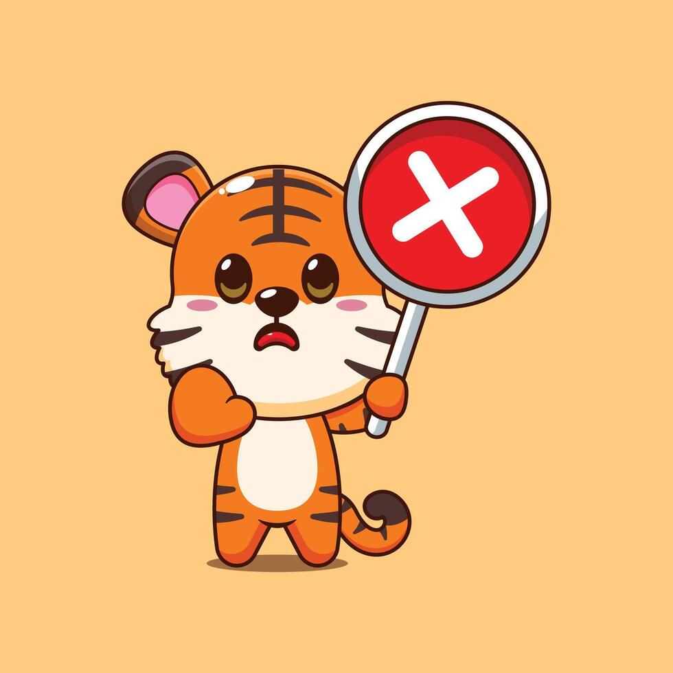Cute tiger cartoon illustration with wrong sign vector