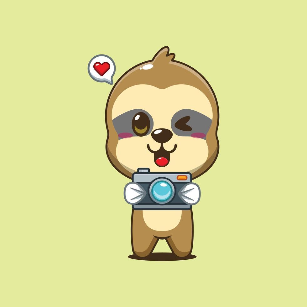 Cute sloth cartoon illustration with camera vector