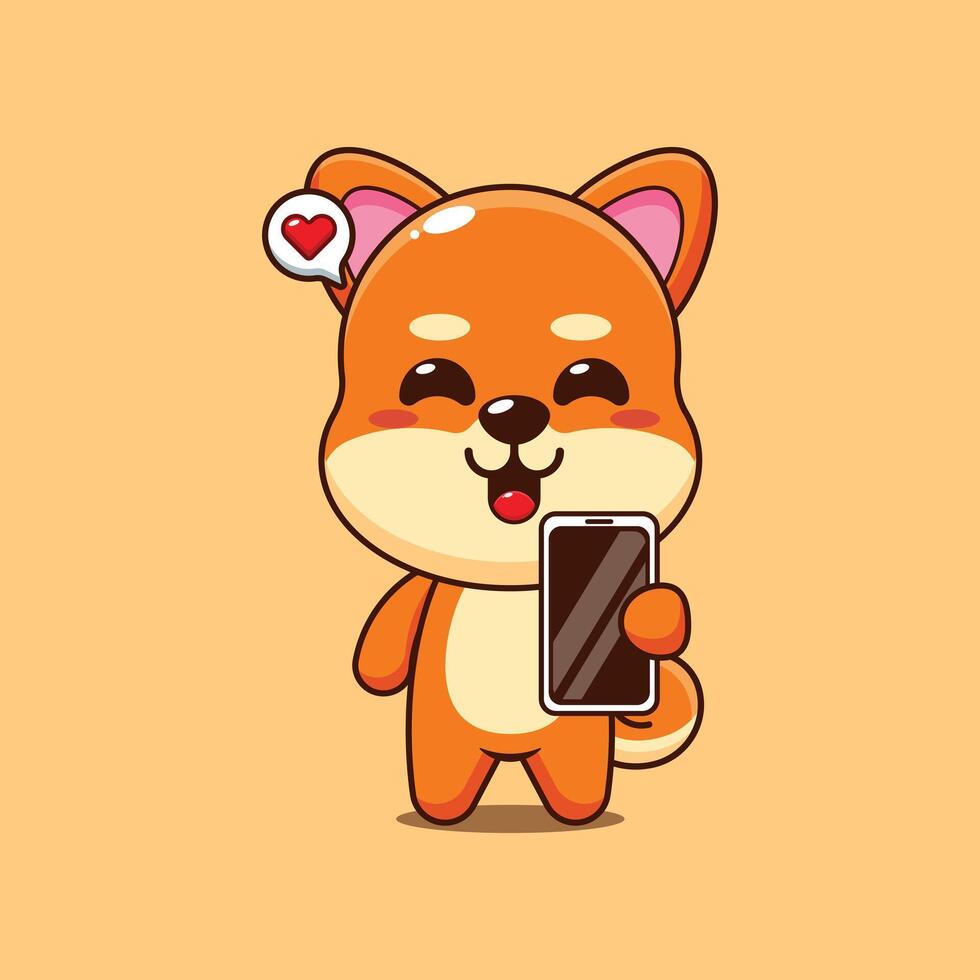 Cute shiba inu cartoon illustration with mobile phone vector