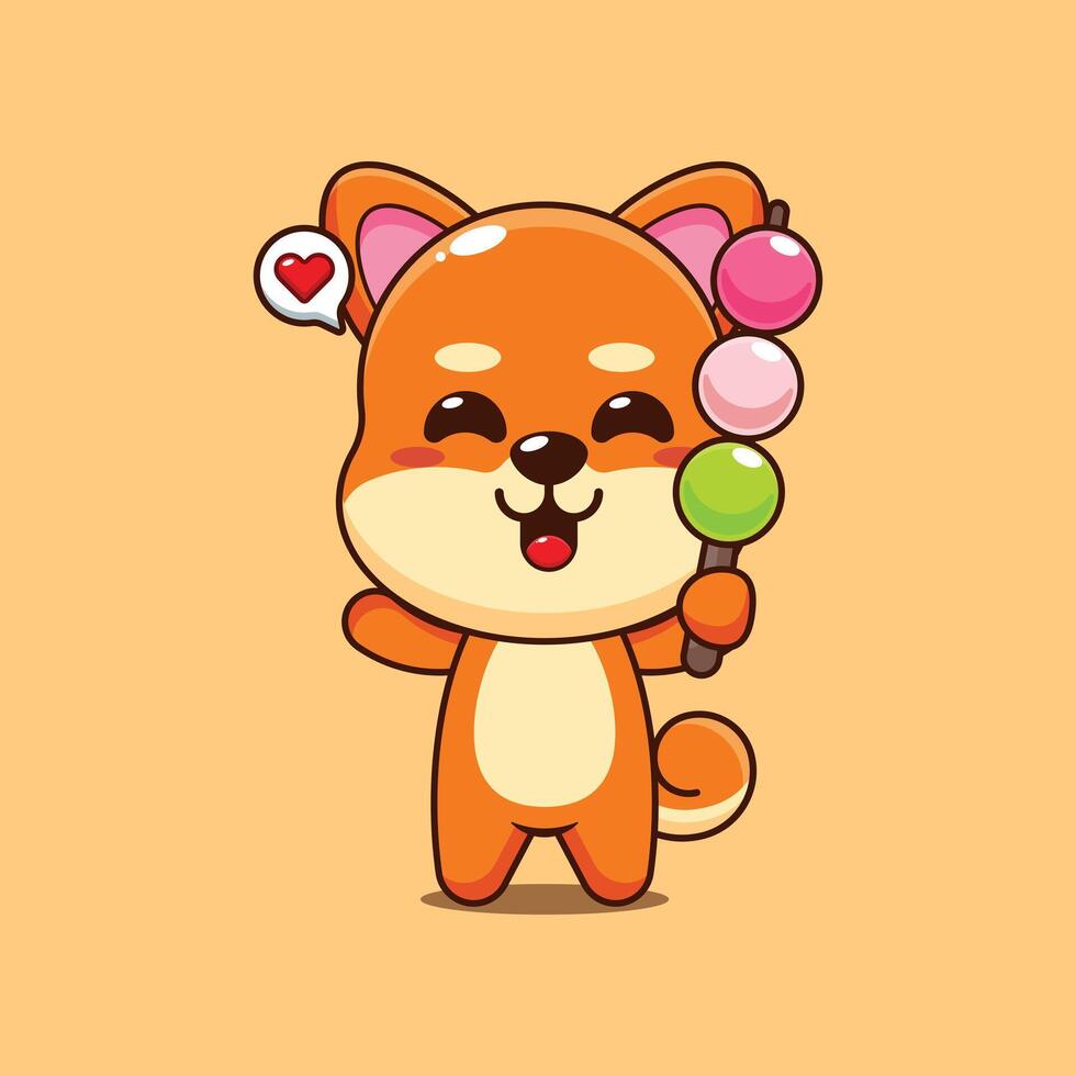 Cute shiba inu cartoon illustration eating dango vector