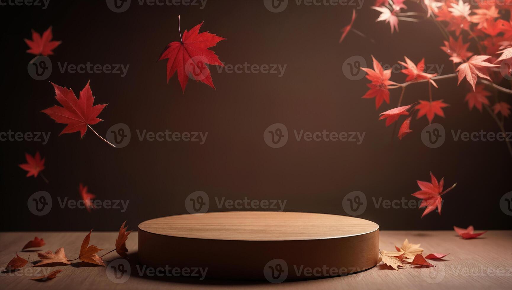Wooden Display Stand With Falling Autumn Leaves photo