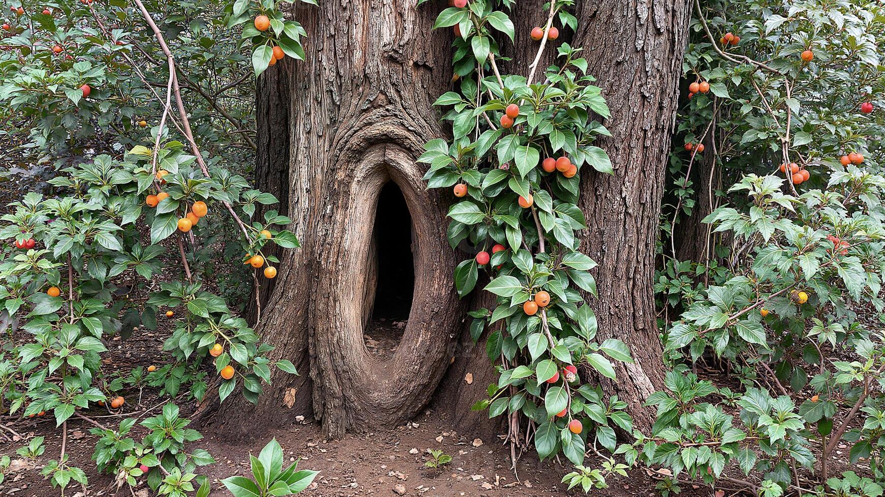 Hollow Tree Trunk With Wild Fruit Vines photo