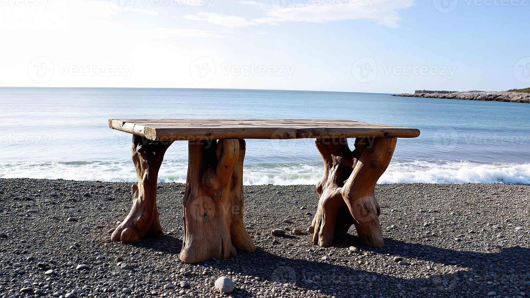 Rustic Wooden Table Overlooking Peaceful Seaside View photo