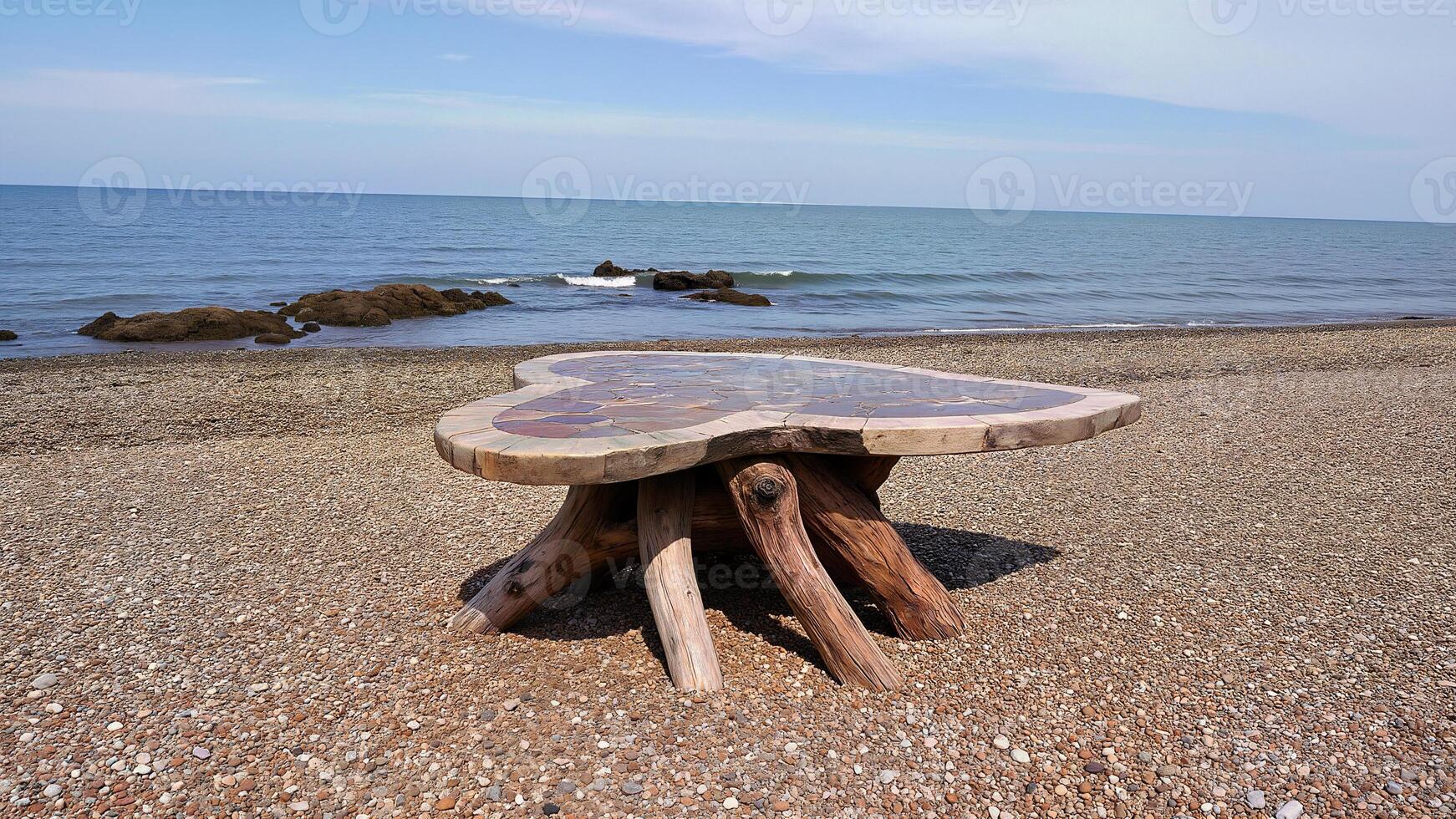 Rustic Wooden Table on Pebble Beach Shore photo