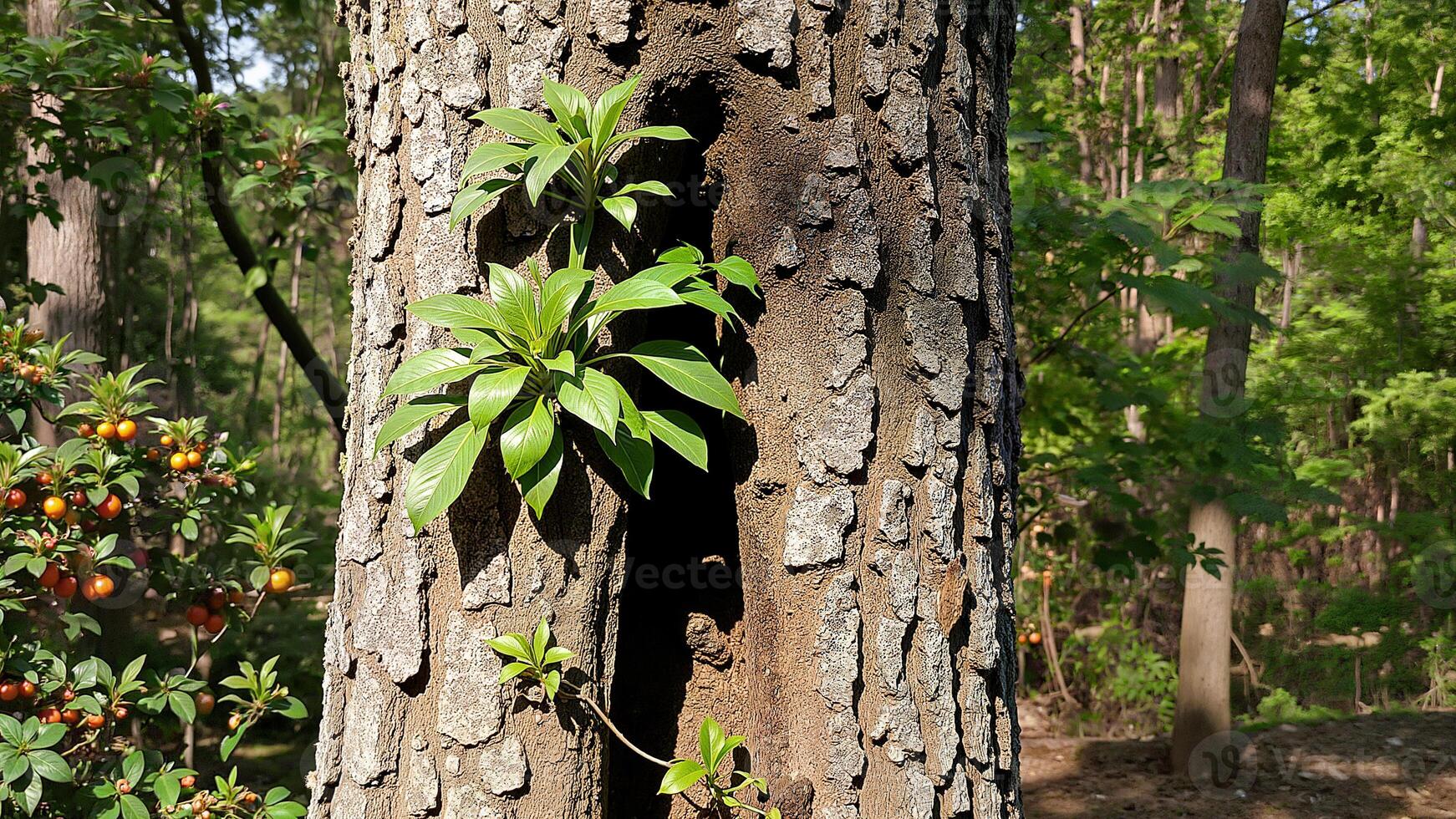 Damaged Tree Trunk With New Green Growth photo
