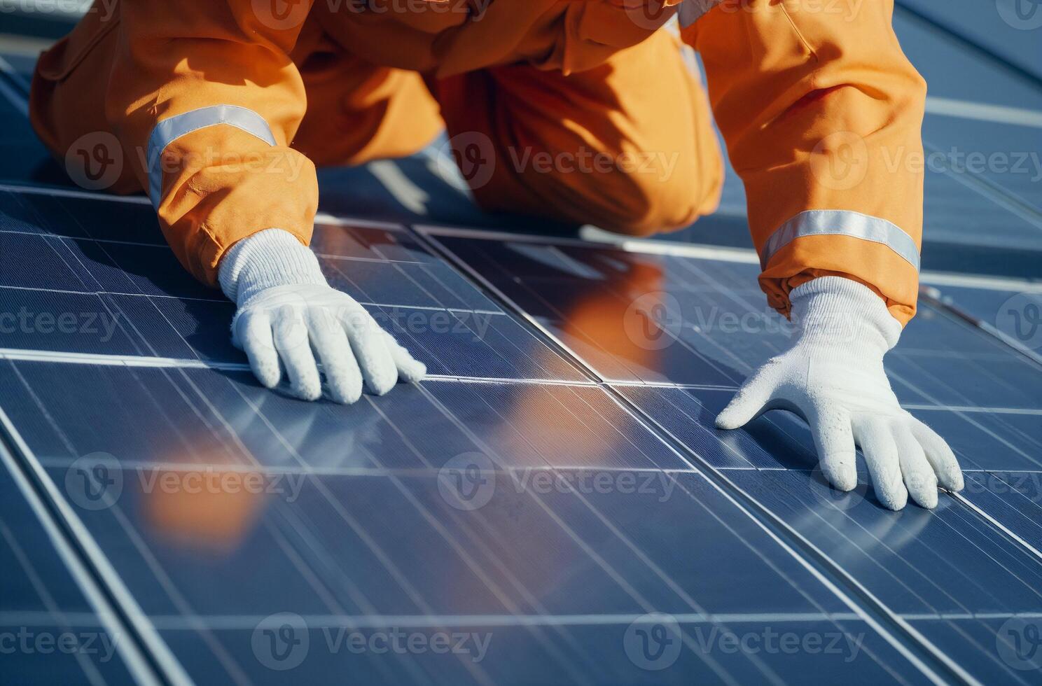 Worker Inspecting Solar Panel Close Up photo