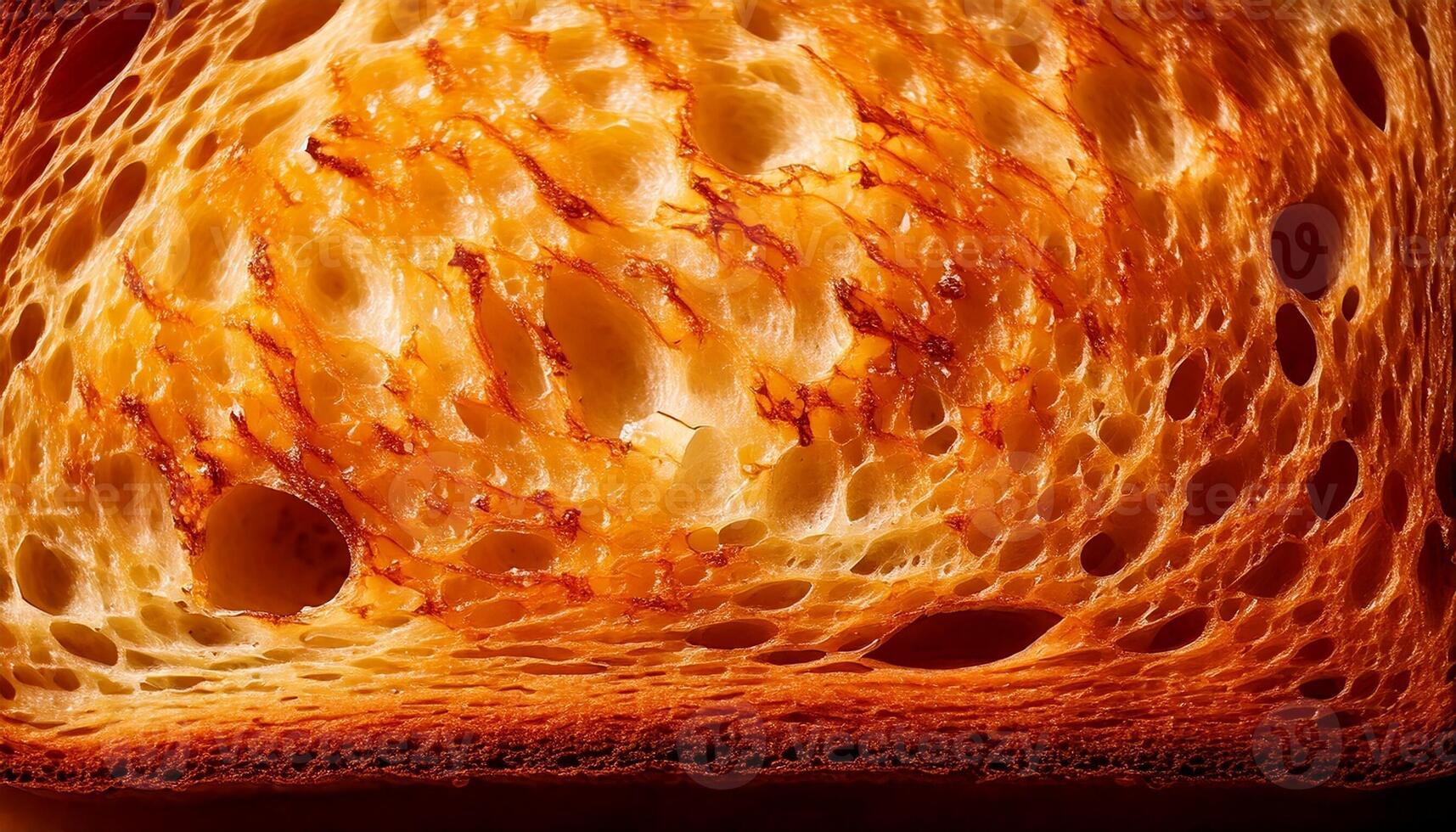 Close-up of golden toasted bread surface texture, crispy detail, soft shadows, warm tones photo