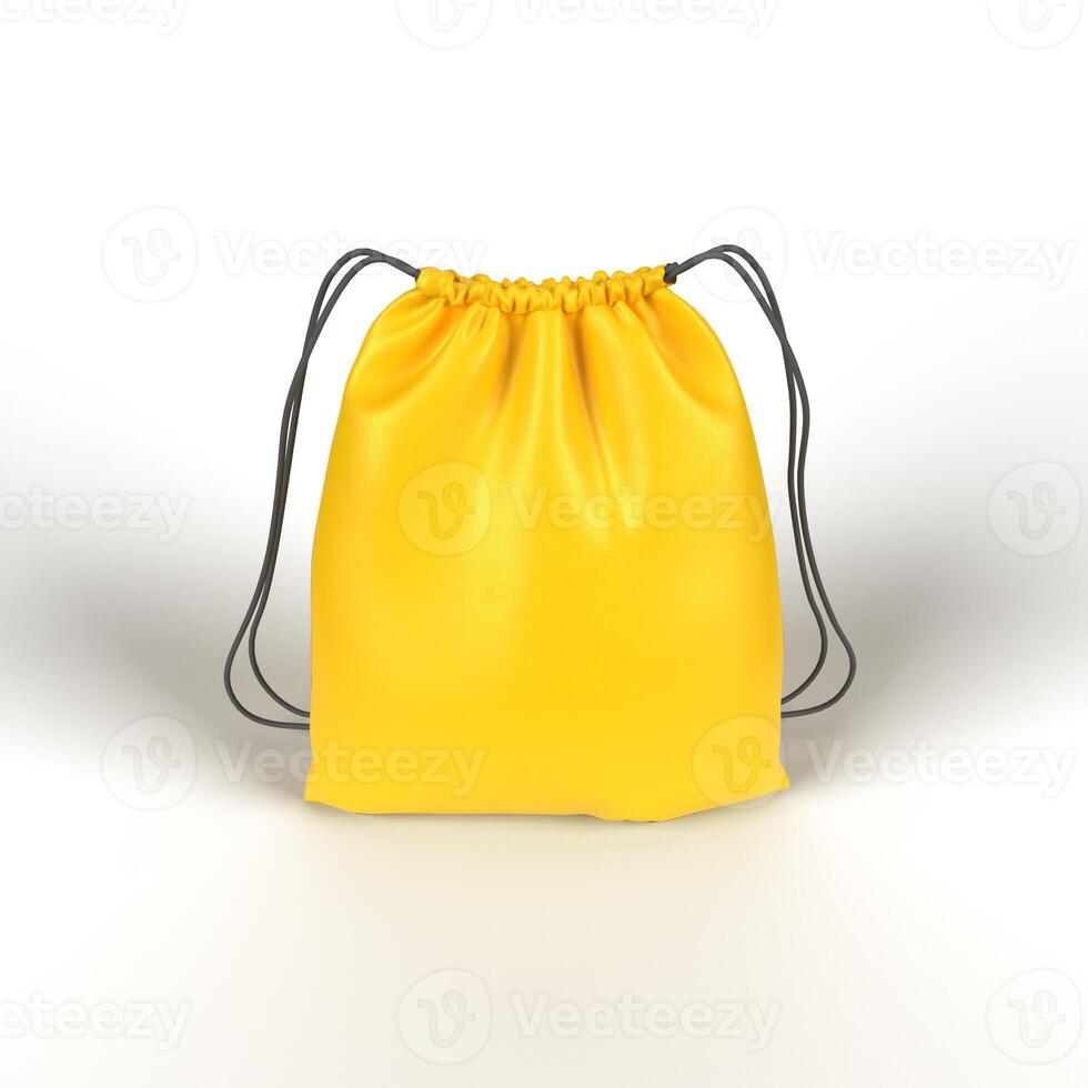 Yellow drawstring bag standing on white background photo