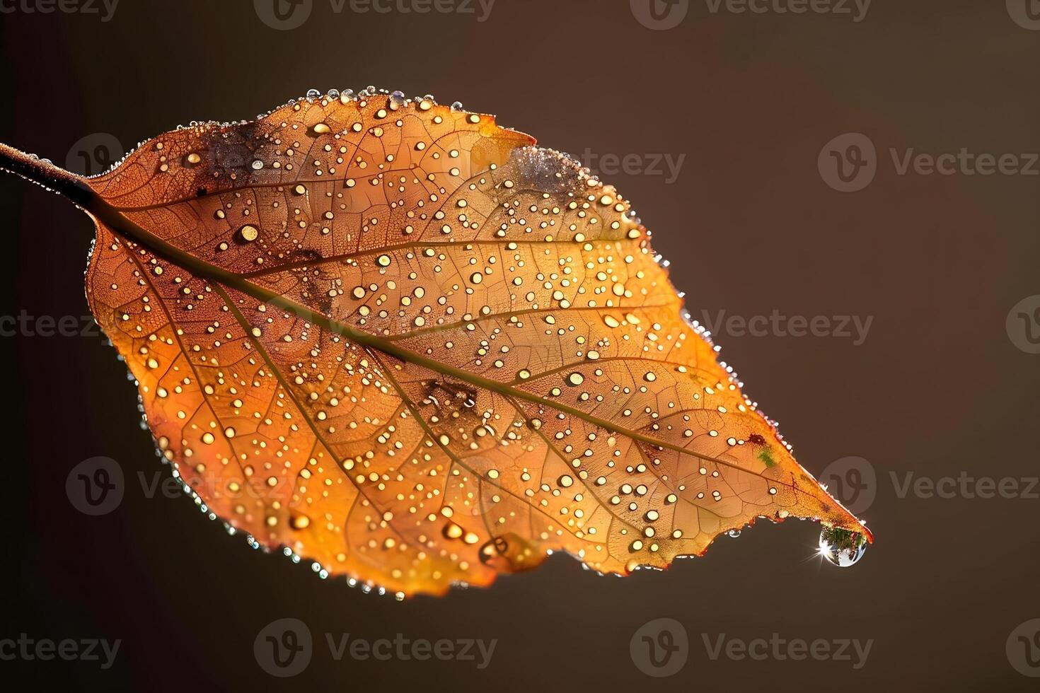 Autumn Leaf Dewdrops Nature's Exquisite Water Droplets Adorn a Golden Leaf, Showcasing Seasonal Beauty and Botanical Detail with Backlit Transparency. photo