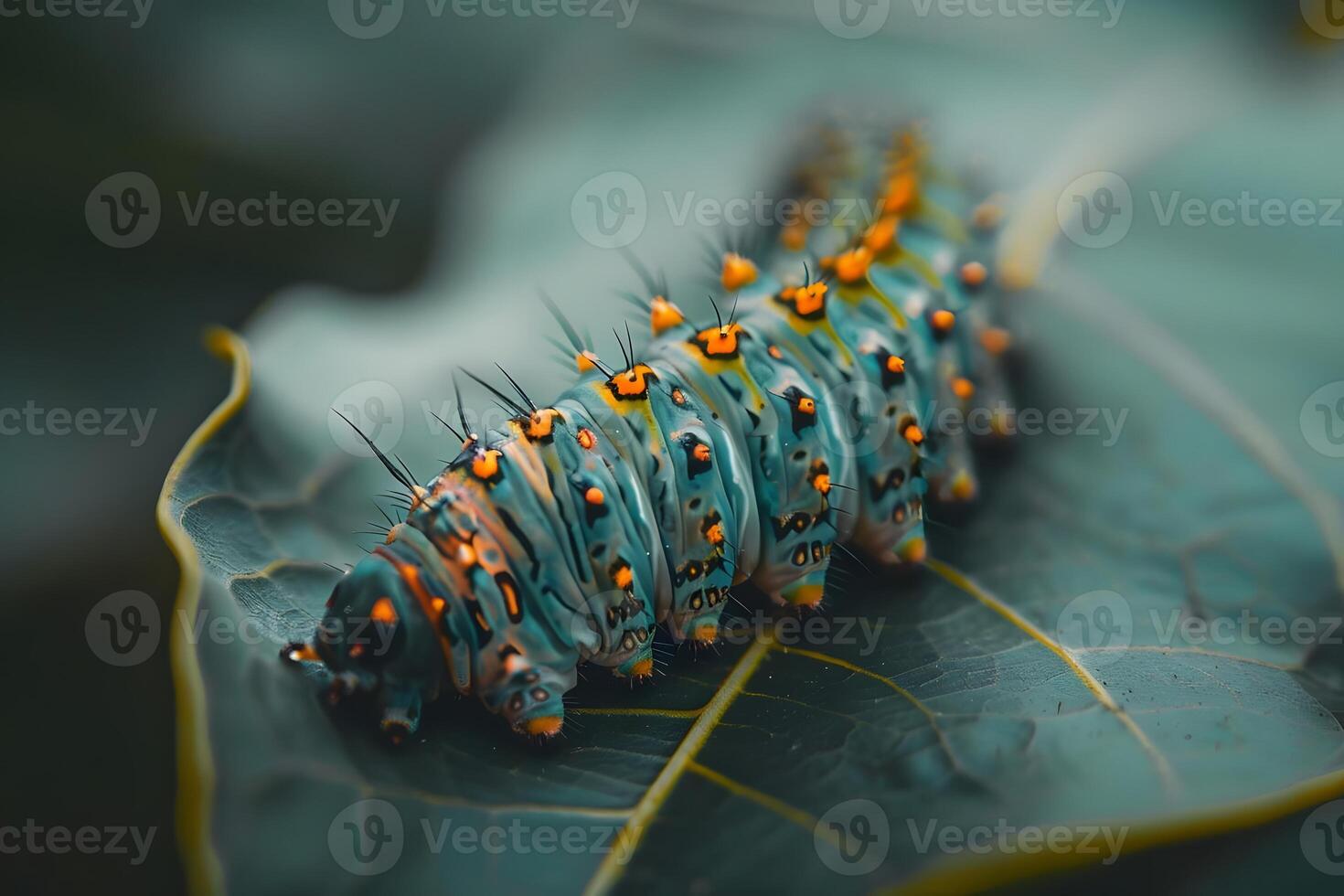 Vibrant Caterpillar Crawls on Lush Leaf A Close-Up of Nature's Colorful Insect, Exhibiting Striking Patterns and Intricate Details, Showcasing the Beauty of Entomology in the Wild. photo