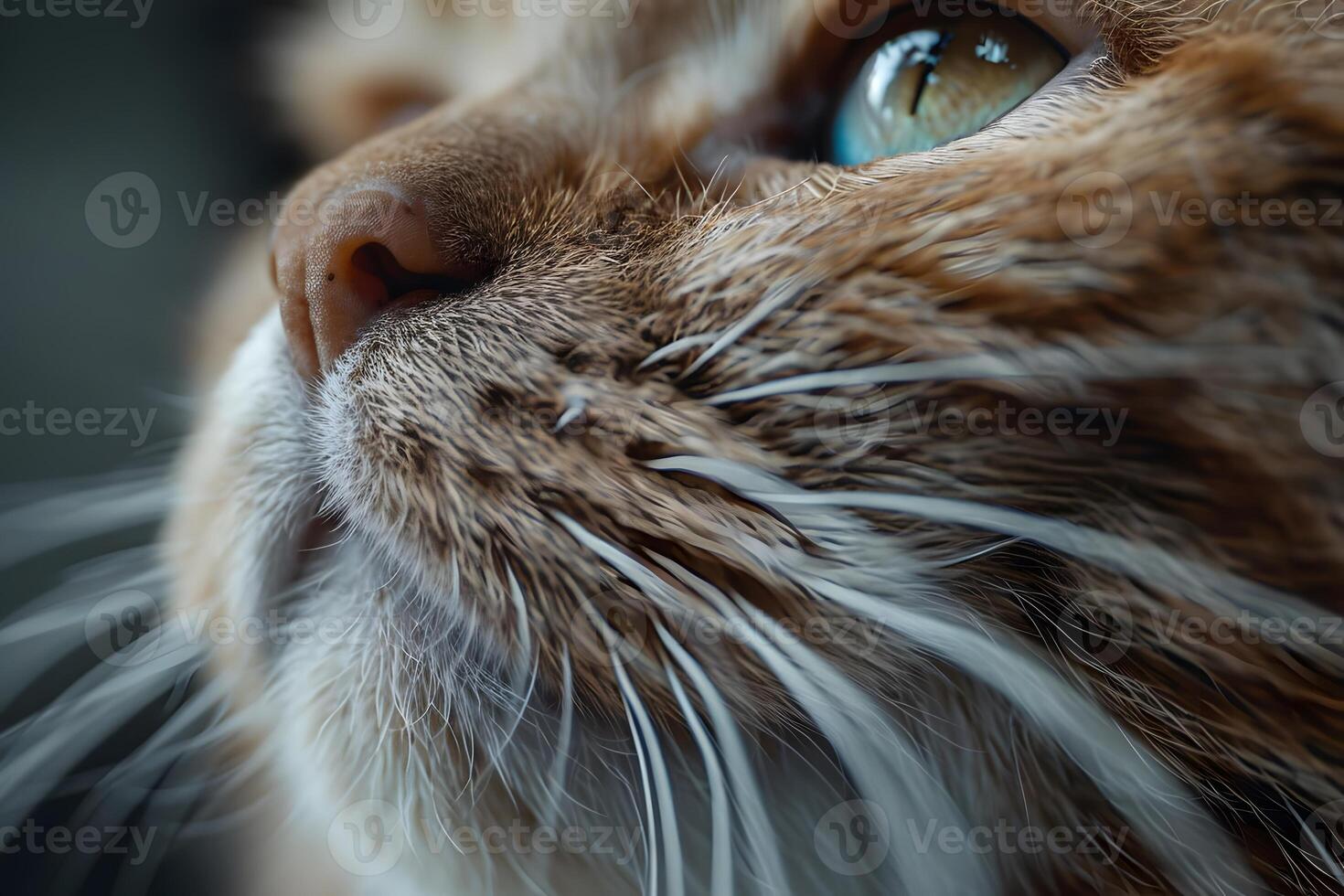 Close-Up View of a Cat's Whiskers and Nose, Showing Intricate Details of Fur Texture, and Vibrant Eye Color, Captivating Animal Portrait with a Focus on Fine Details. photo