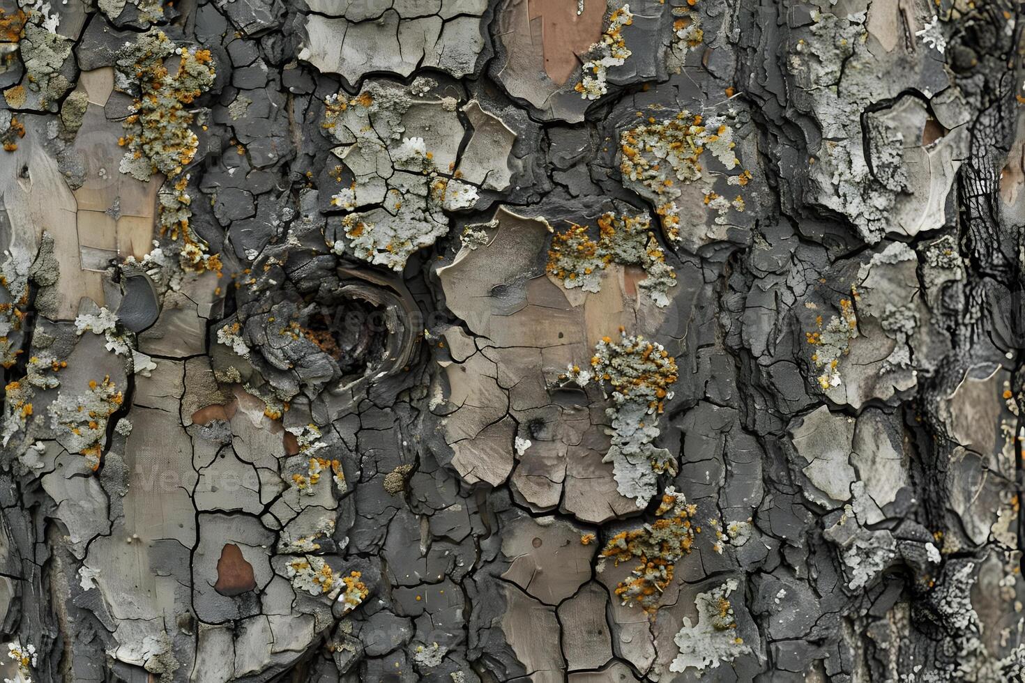 Exploring the Textured Beauty Close-Up of Cracked Tree Bark with Lichen, Revealing Nature's Abstract Art in Stunning Detail. A Study in Natural Patterns and Organic Textures. photo