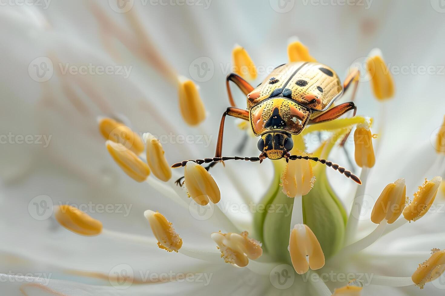 Golden Beetle Crawls on White Flower's Stamens, Exhibiting Detailed Texture and Color in a Close-Up Macro Shot, Displaying Nature's Exquisite Beauty and Intricate Designs. photo