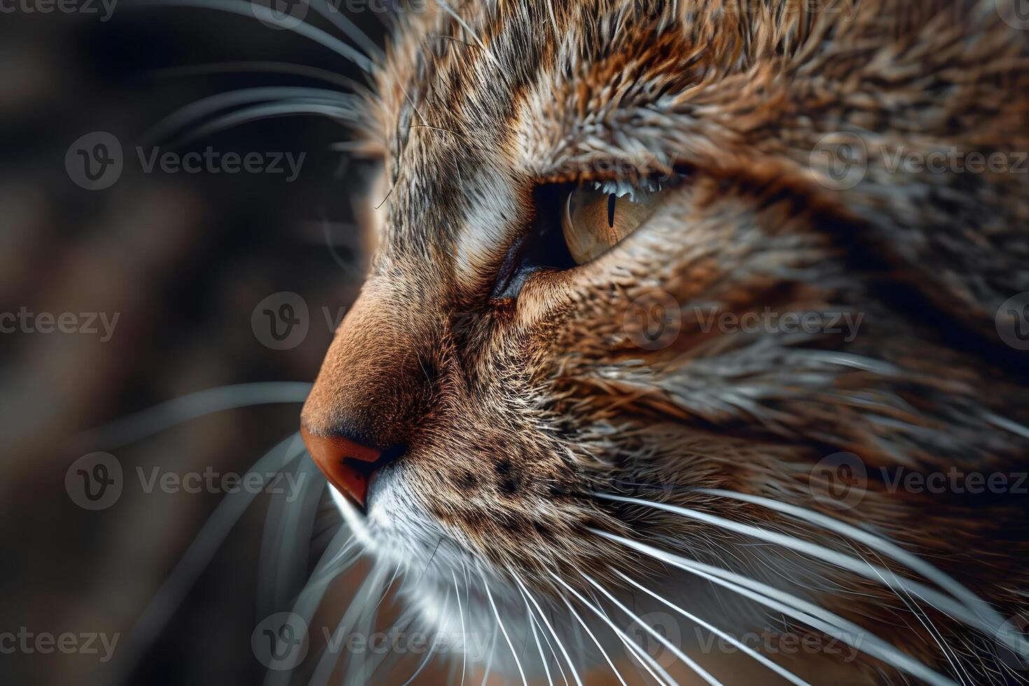 Magnificent Tabby Cat Profile Close-Up of a Feline's Whiskers, Fur Texture, and Alert Gaze, Reveals the Intricate Beauty of Nature's Design, Showcasing a Wild Cat's Grace and Elegance. photo