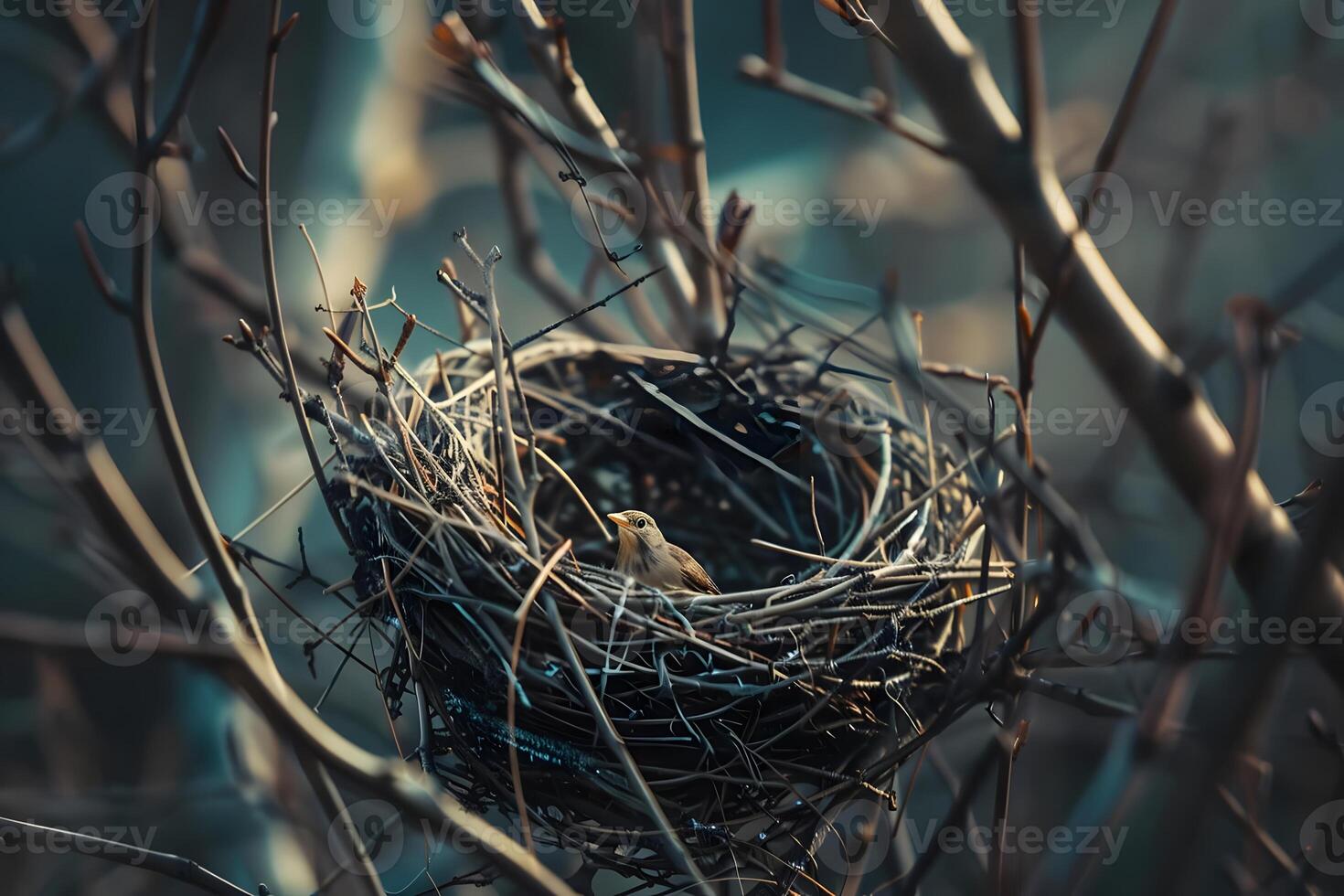 A Tiny Bird Carefully Nestles in a Twiggy Nest Built Amongst Bare Branches, Creating a Serene Winter Scene, Showcasing Nature's Resilience and Beauty. photo