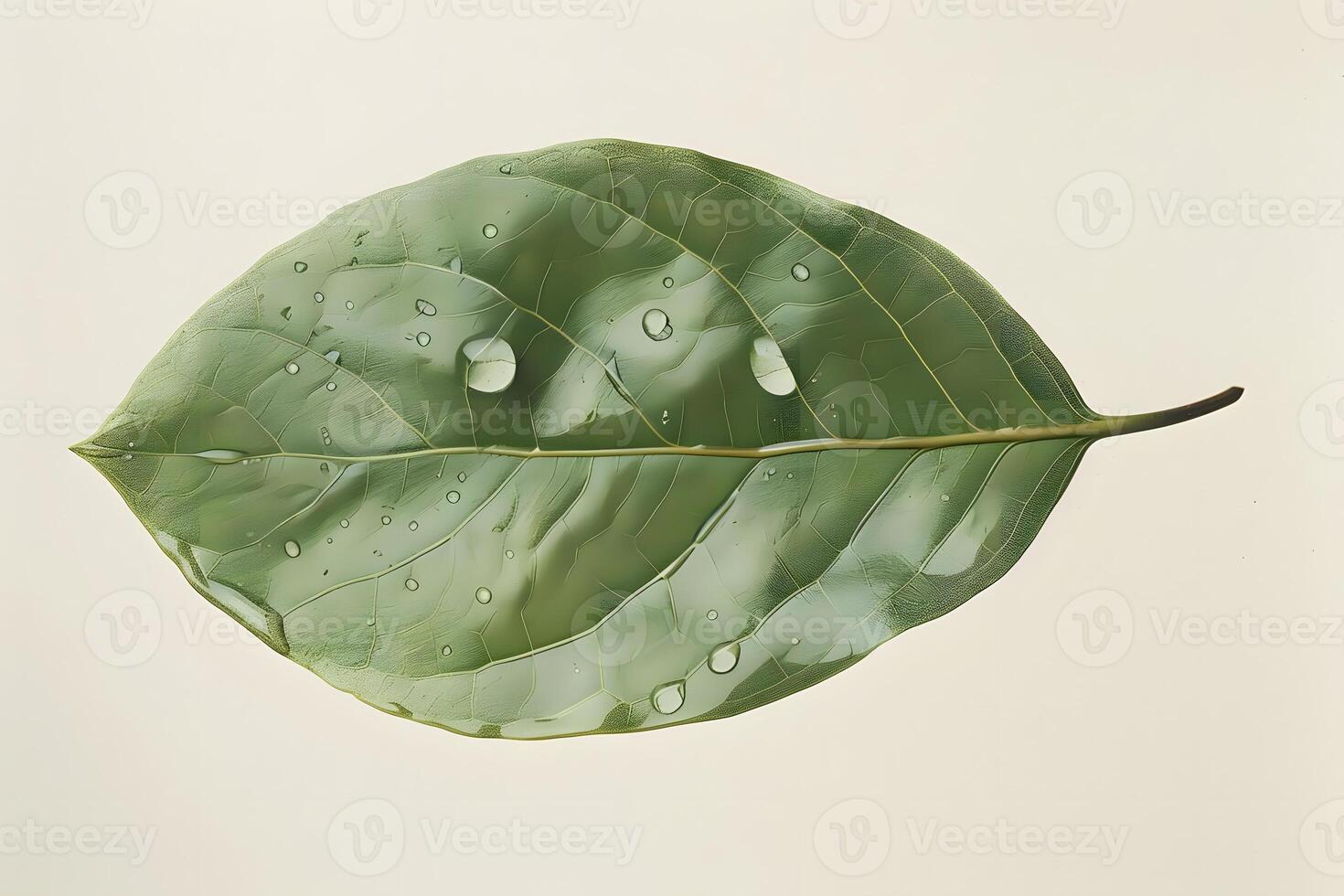 Close-Up View of a Single Green Leaf with Water Droplets, Showing Intricate Veins and Texture A Study in Natural Beauty and Serenity, Exploring the Wonders of Nature's Design. photo