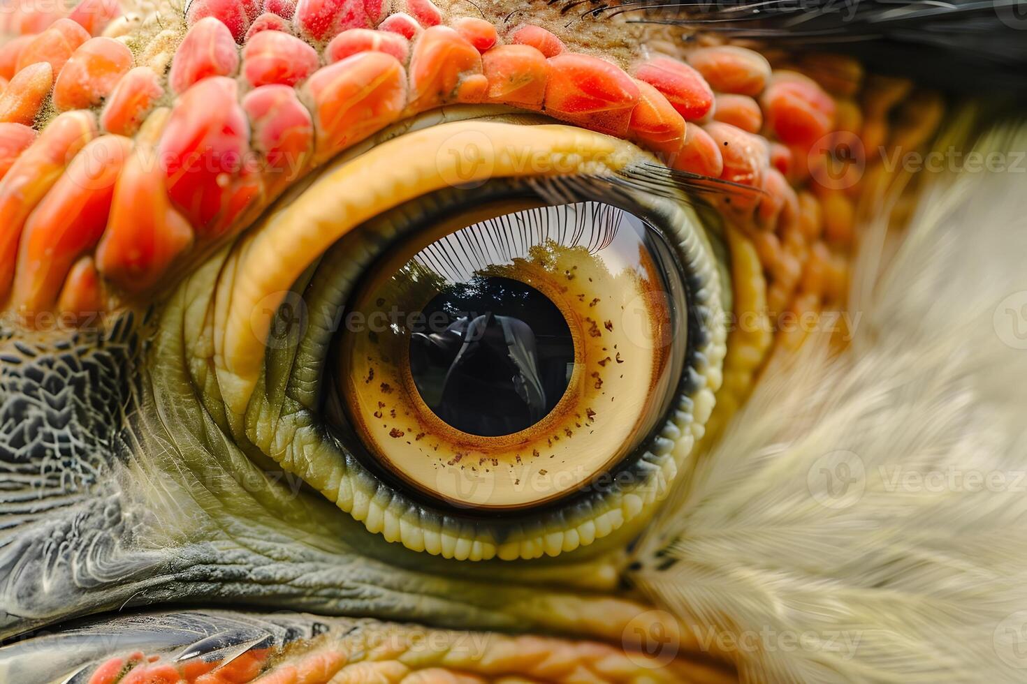 Close-Up View of Avian Eye Observing Intricate Detail and Stunning Color of a Bird's Eye, Featuring Unique Feather Texture and Vibrant Hues in Nature. photo