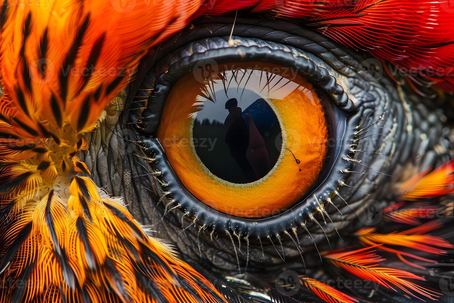 Exploring the Avian Eye A Macro View of a Bird's Eye, Detailed Iris and Vivid Feathers, Illuminating the Beauty of Nature's Design with Intricate Detail and Stunning Color. photo