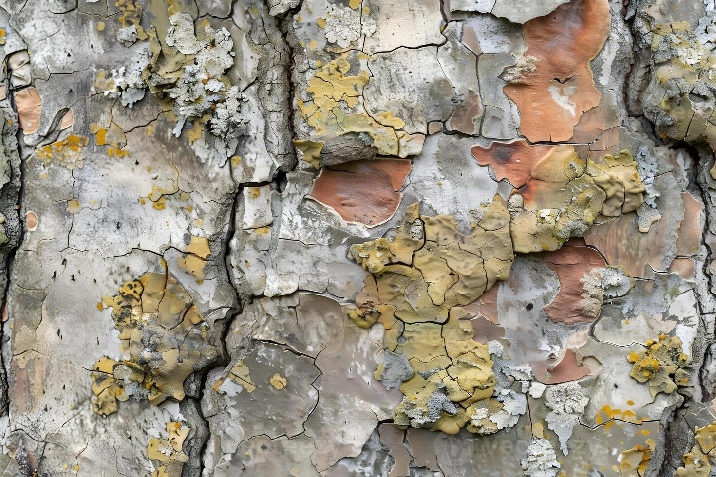Abstract Tree Bark Texture A Close-Up Study of Cracked, Peeling, and Multicolored Patterns with Lichen Growth, Revealing Natural Art in Nature's Masterpiece. photo