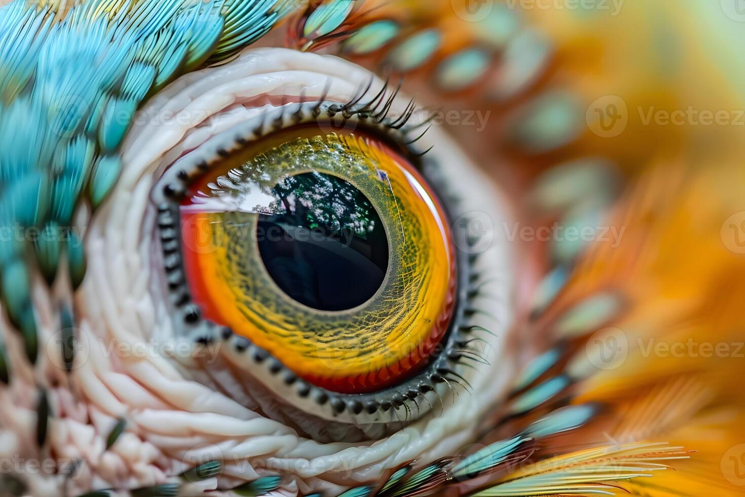 Close-Up View of a Bird's Eye Vibrant Colors and Intricate Details of Avian Eye Anatomy, Showcasing the Beauty of Nature's Masterpiece with Stunning Macro Photography and Exquisite Feather Textures photo