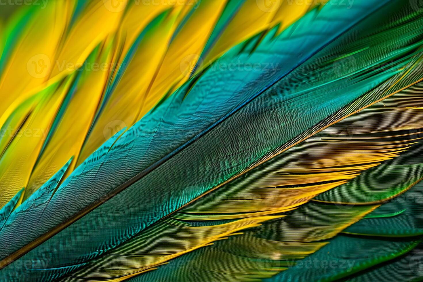 Vibrant Bird Feathers Close-Up Textures of Green and Yellow Plumage, Detailed Avian Features Displayed with Vivid Color and Intricate Detail, Stunning Natural Beauty Revealed Up Close. photo